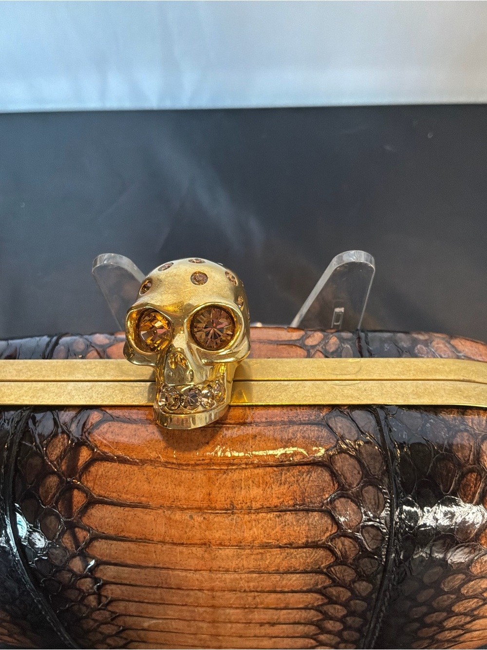 Alexander McQueen Orange and Black Python Skull Clutch - Picture 3 of 6